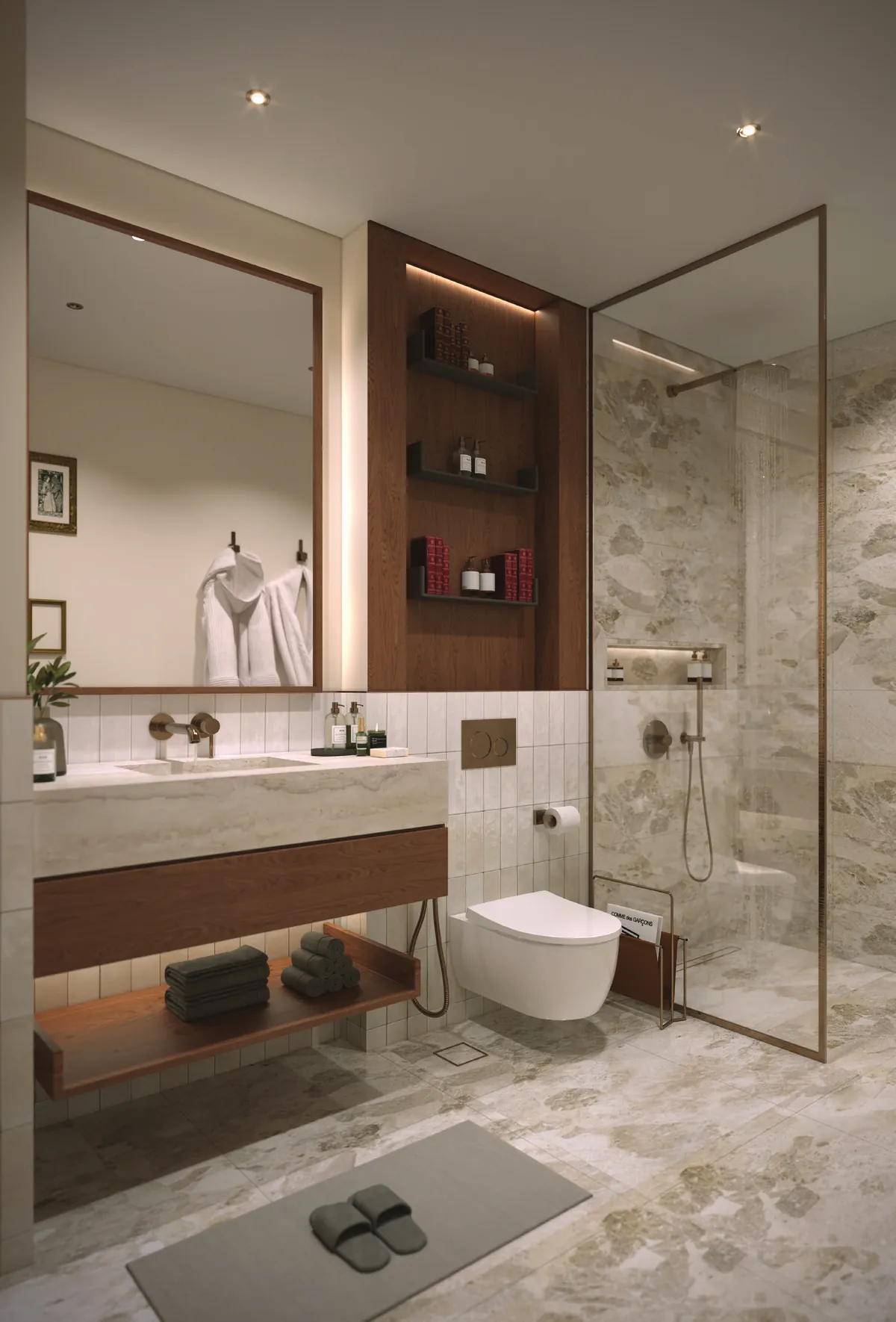 Bathroom finished in stone and warm timber