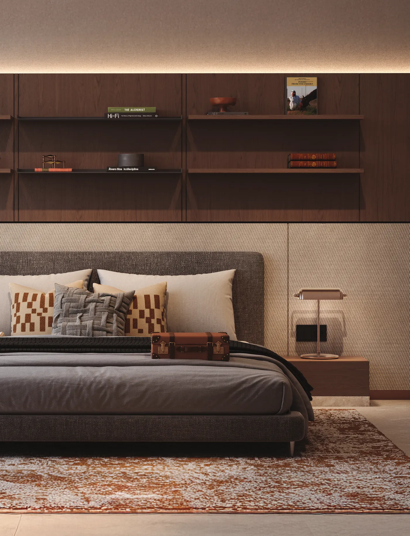 Studio residence with a bookshelf running the length of the bedroom wall