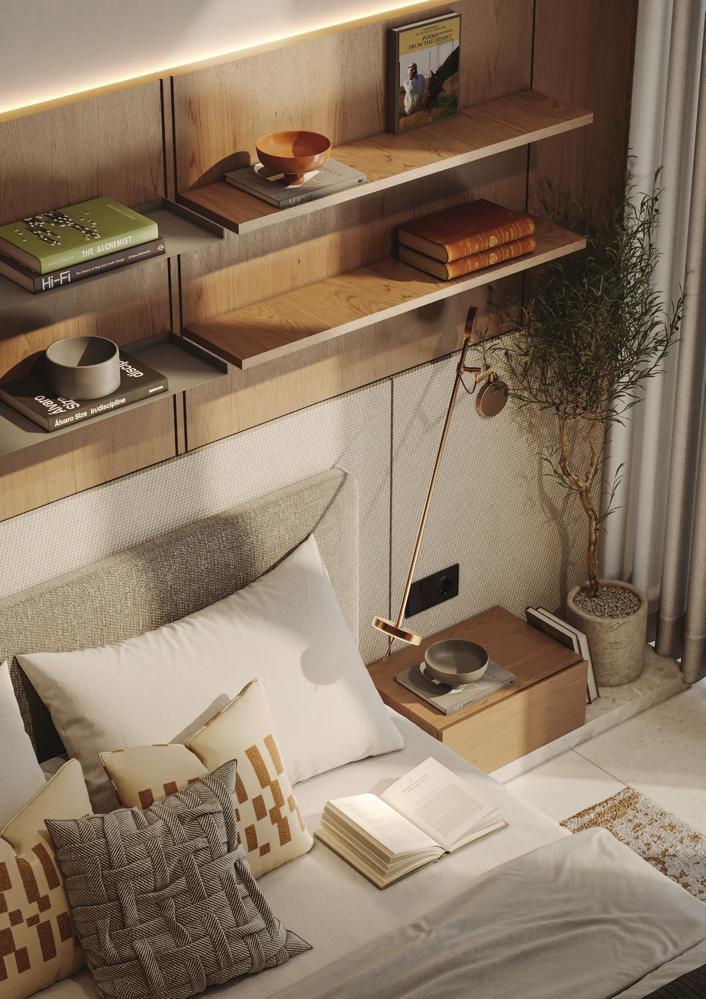 Bedroom with a shelf running the length of the wall and a reading light
