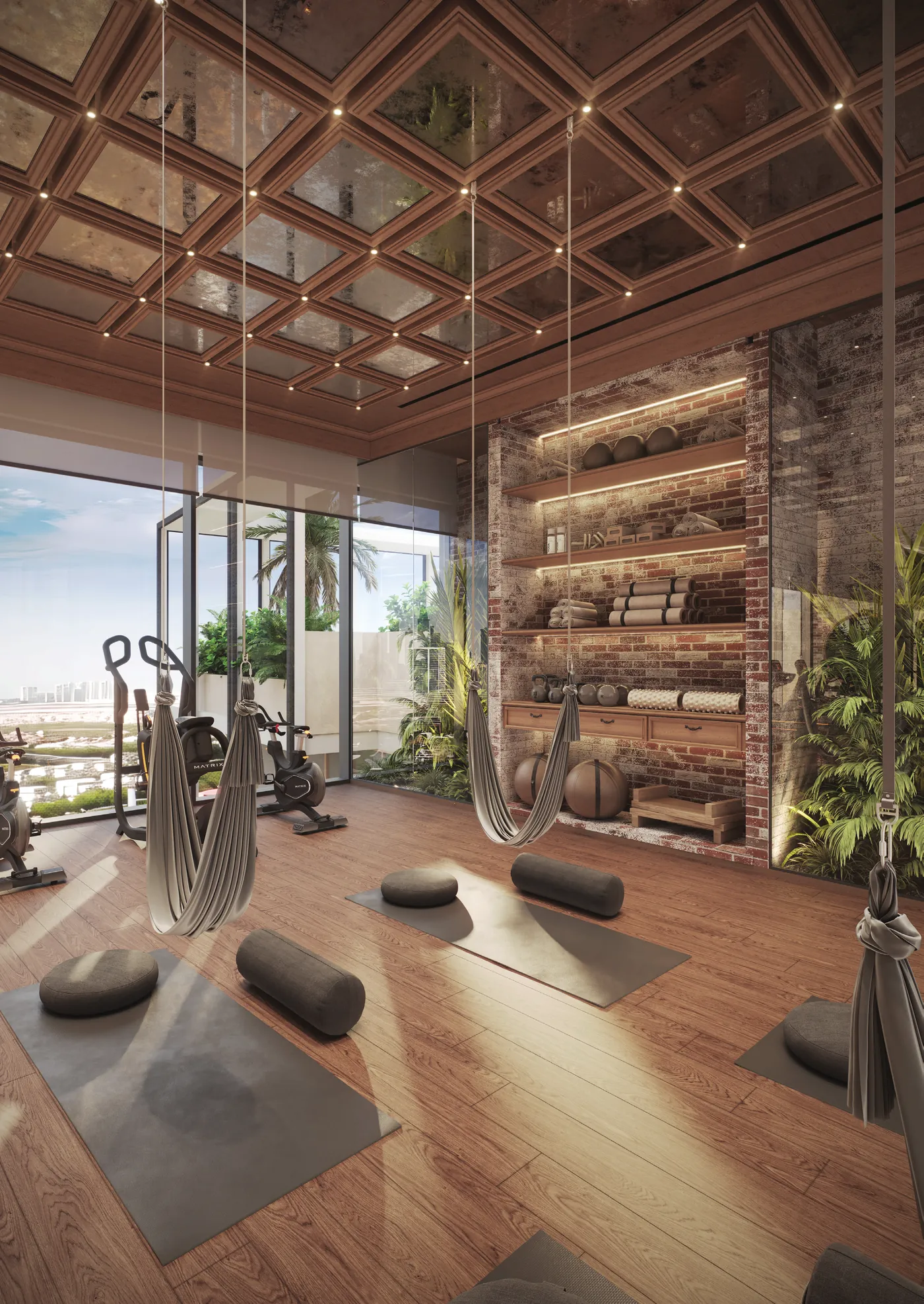 The gym at The Archive, beneath a lattice of gold and glass
