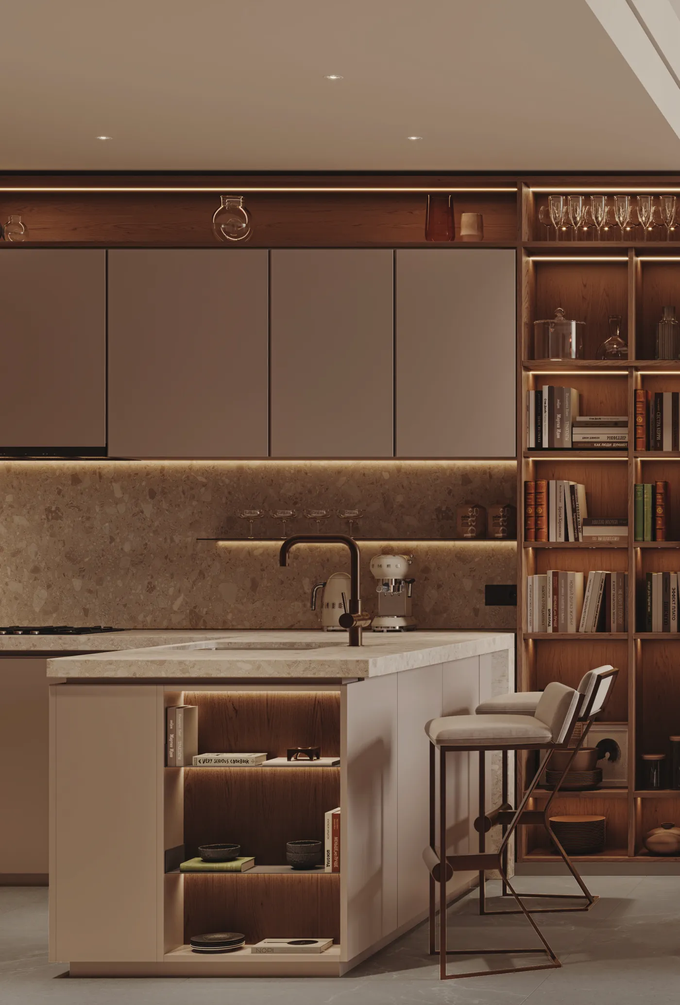 Kitchen with integrated shelving beside the coffee machine