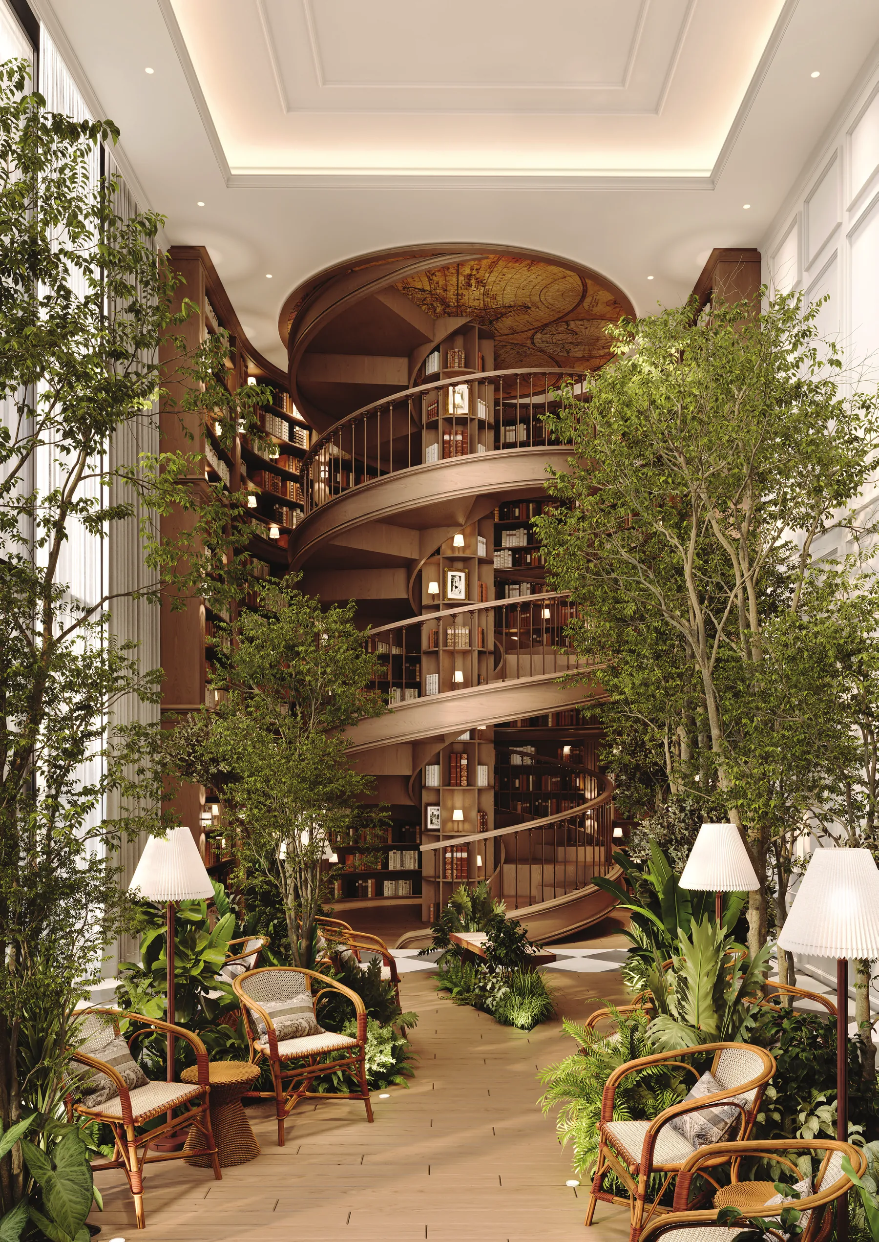 The two-storey library at the heart of The Archive, wrapped by a spiral stair