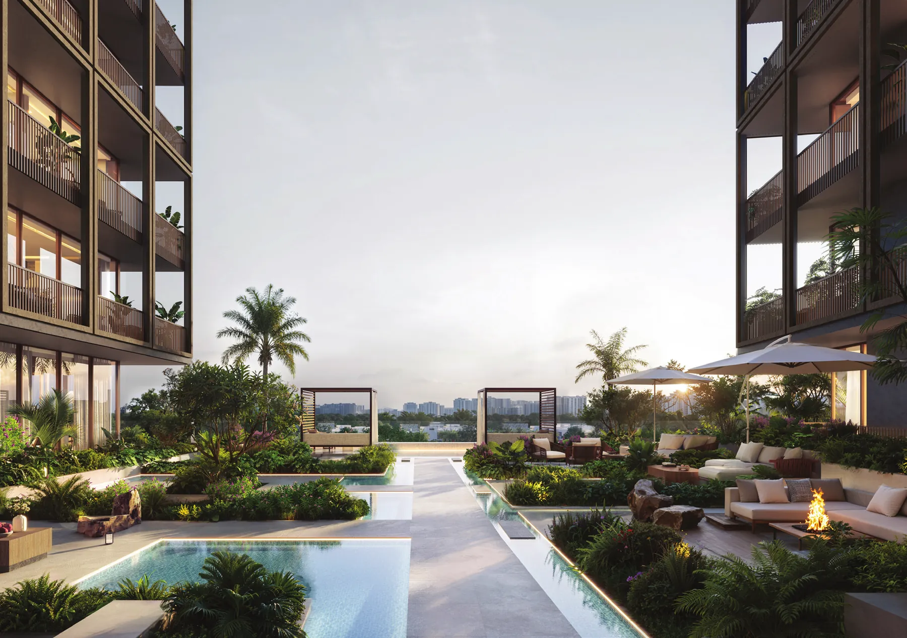 The podium garden with pool, cabanas and lounges
