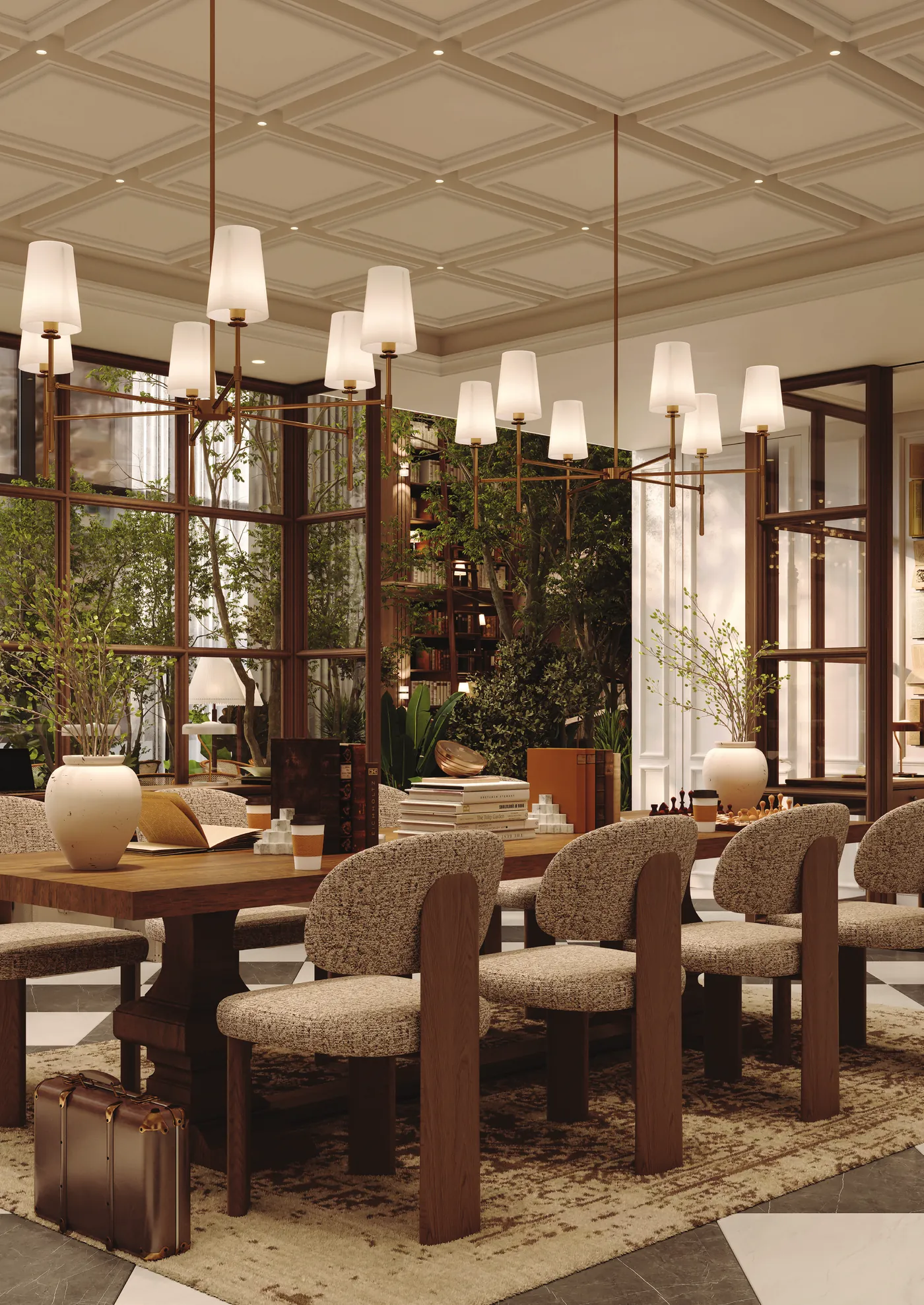 The reading lounge, with deep seating, plants and tall windows