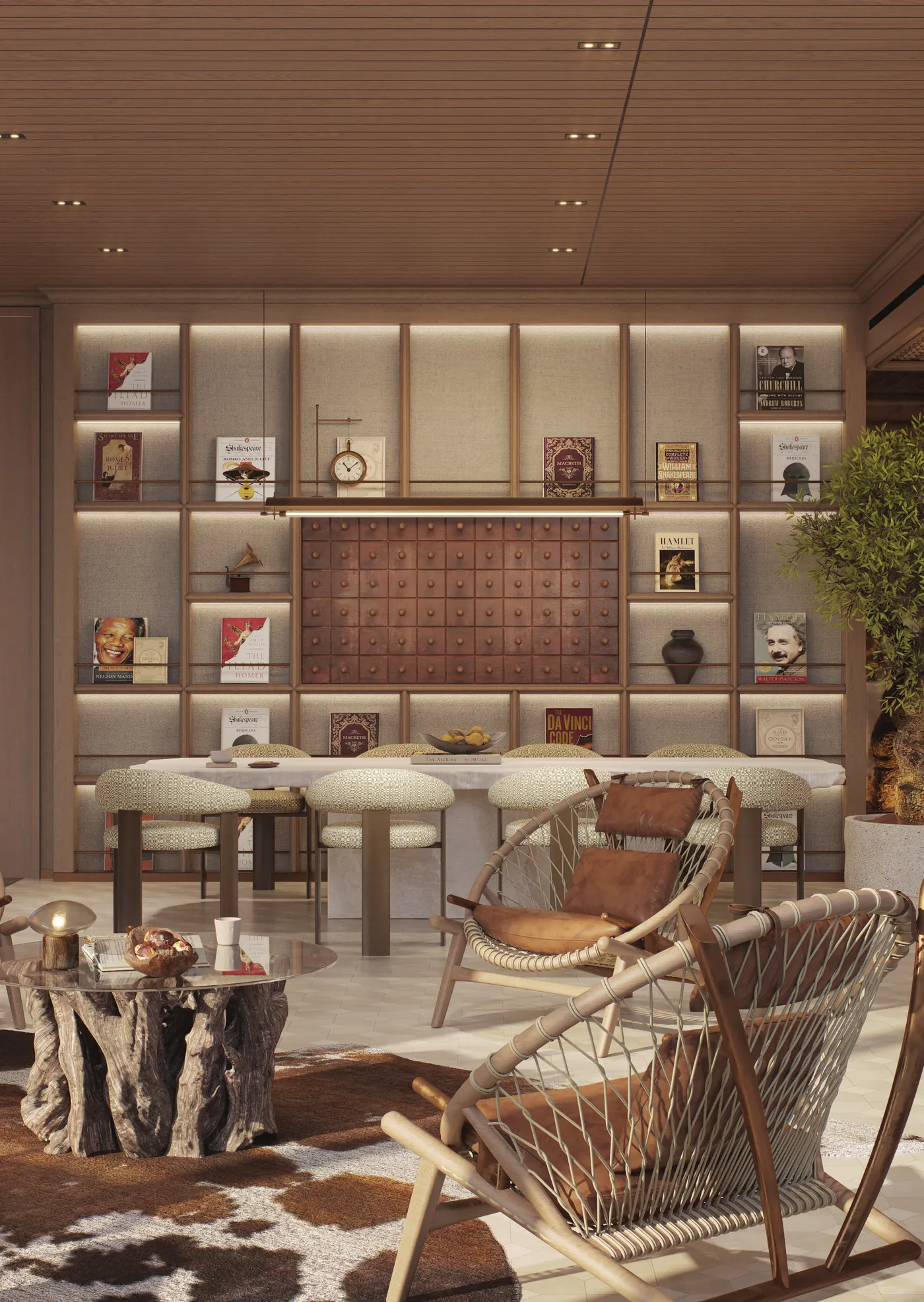 Two bedroom residence living area with built-in shelving