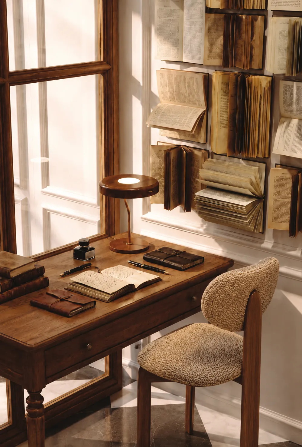The writer's room — a timber desk under a wall of books